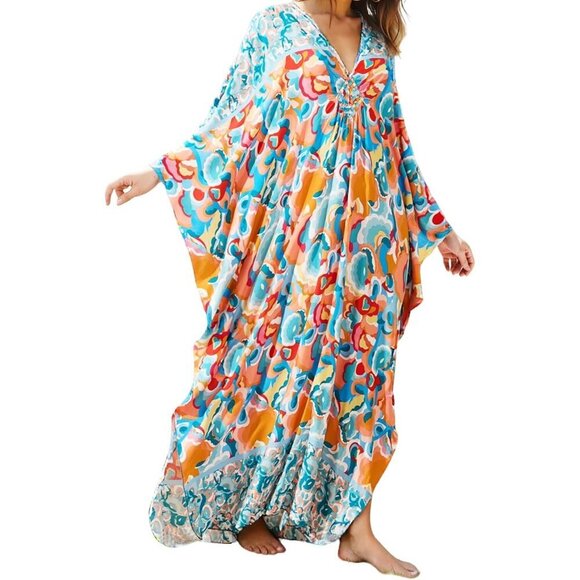 Dresses & Skirts - Women Blue Orange Floral V-neck Batwing Sleeve Flowy Split Bohemian Kaftan Dress